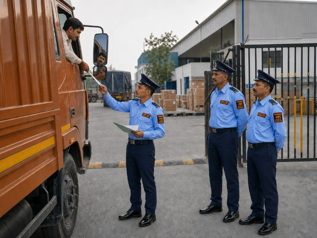 Three Eyes Security Services guard performing factory gate vehicle check