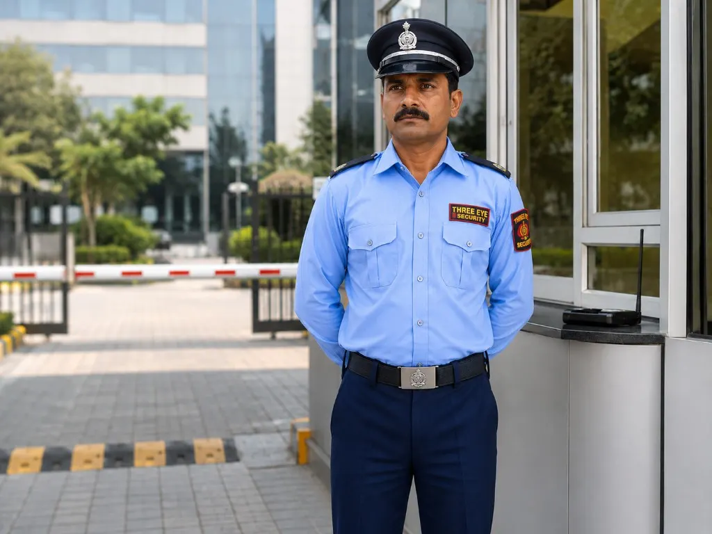 Three Eyes Security Services senior professional security guard on duty