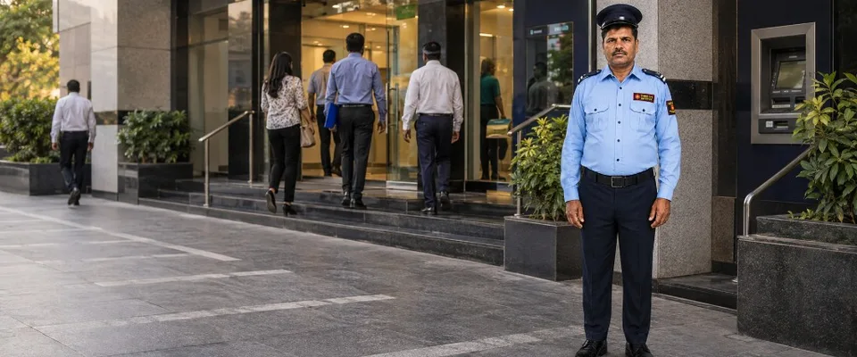Bank and financial institution security guard at branch entrance