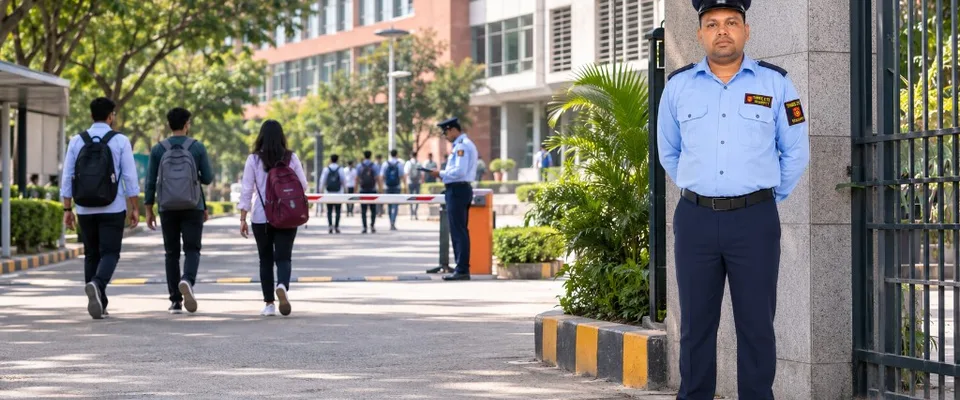 College and university security guard at campus entrance gate