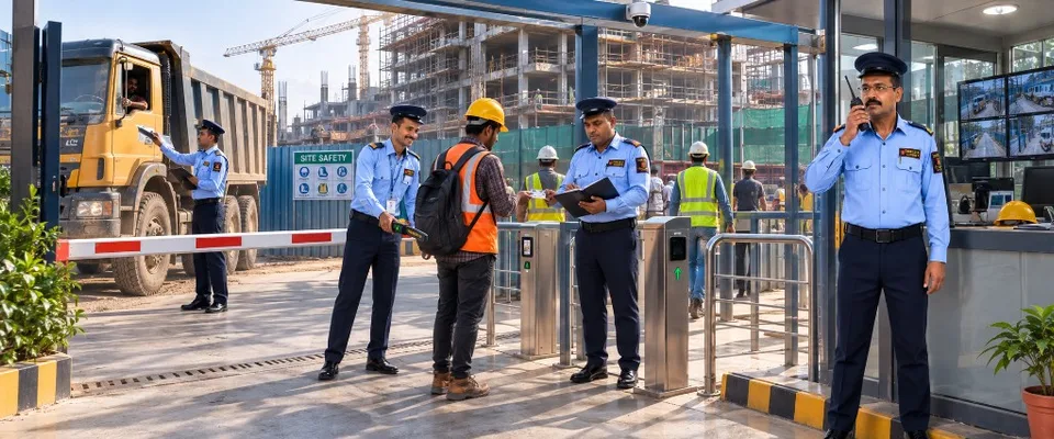 Construction site security guard at active building project entrance