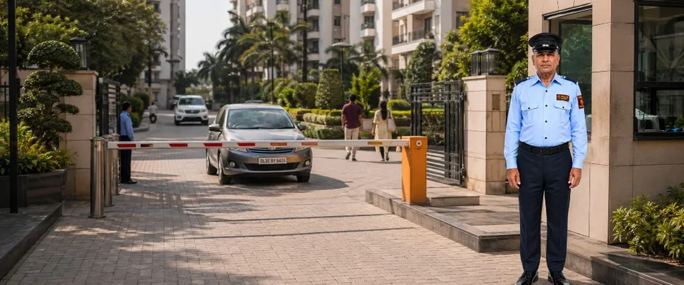 Residential society security guard at a gated apartment complex entrance