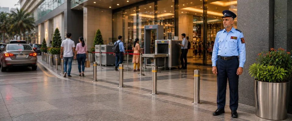 Shopping mall security guard at retail entrance with screening equipment