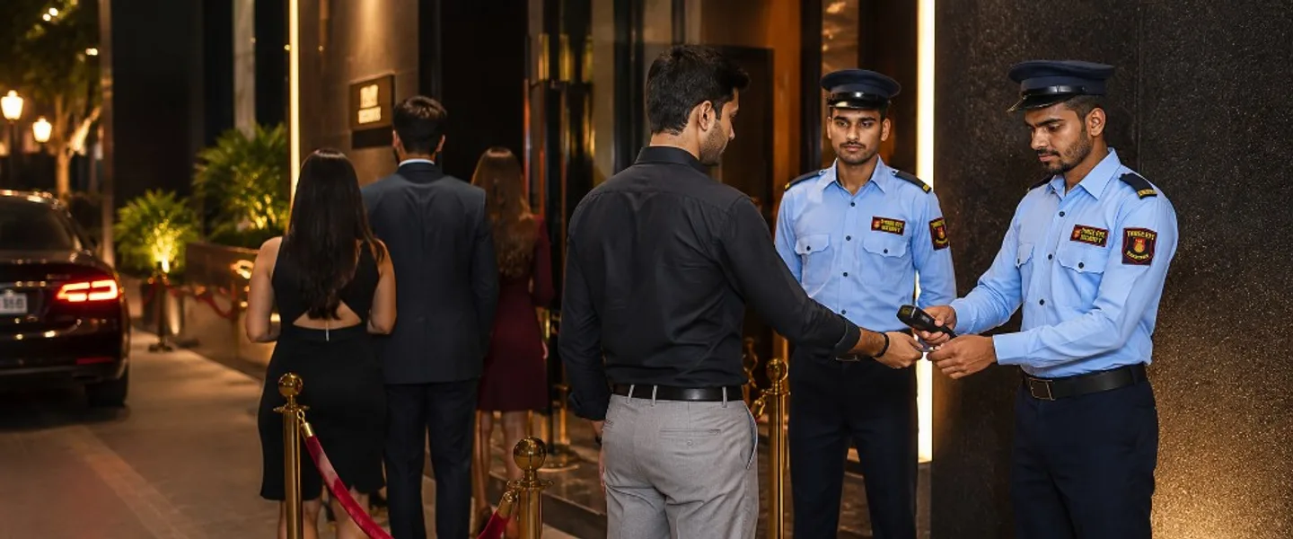 Professional Three Eye Security guard checking guest credentials at a high-end venue entrance