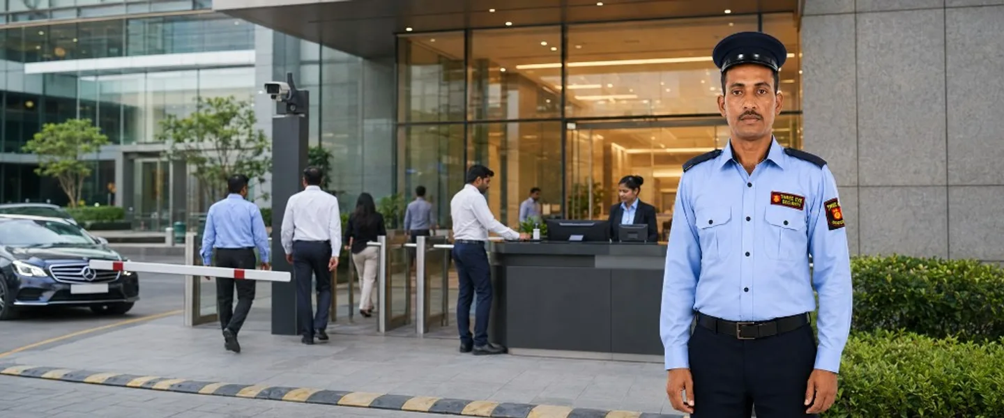 Corporate security guard from Three Eyes Security at a modern office building entrance with turnstiles