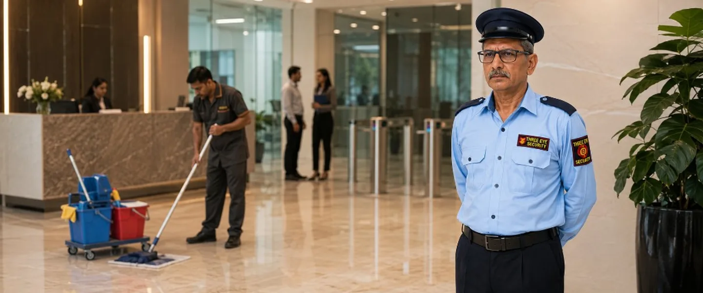 Housekeeping staff and Three Eyes Security guard in a premium corporate lobby