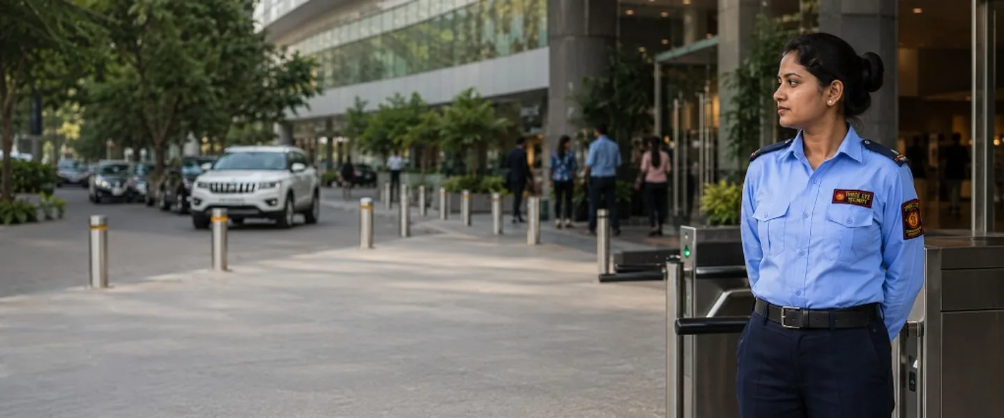 Female security guard from Three Eyes Security standing alert at a corporate building entrance