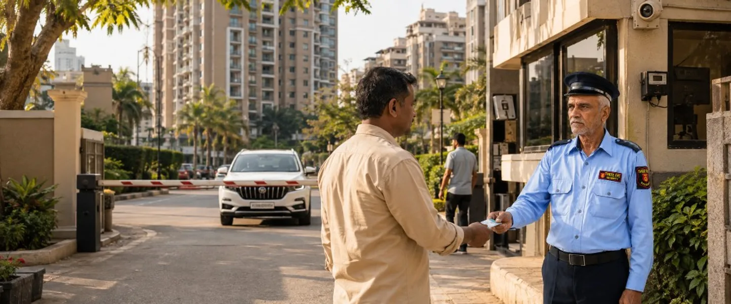 Three Eyes Security guard verifying visitor credentials at a gated residential complex entrance
