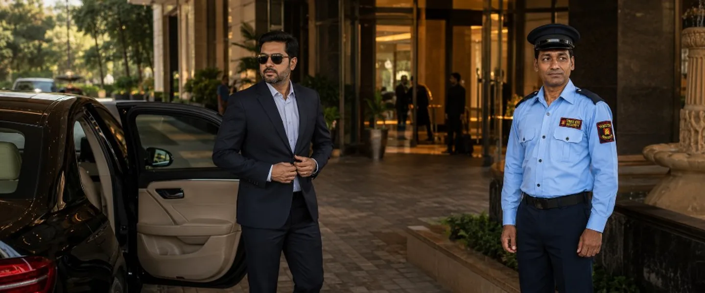 Three Eye Security guard providing VIP executive protection at a luxury building entrance